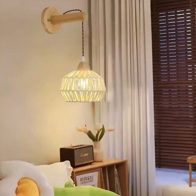 Traditional Japanese Rattan Solid Wood Hollow Round 1-Light Wall Sconce Lamp For Bedroom & Living Room