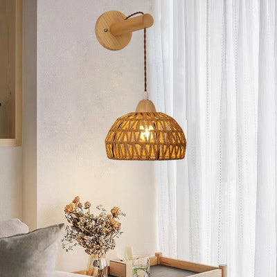 Traditional Japanese Rattan Solid Wood Hollow Round 1-Light Wall Sconce Lamp For Bedroom & Living Room