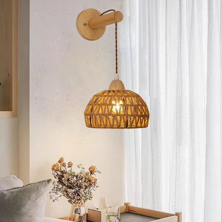 Traditional Japanese Rattan Solid Wood Hollow Round 1-Light Wall Sconce Lamp For Bedroom & Living Room