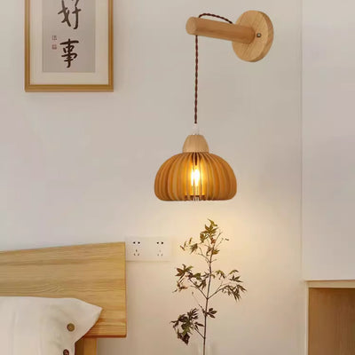 Traditional Japanese Rattan Solid Wood Hollow Round 1-Light Wall Sconce Lamp For Bedroom & Living Room