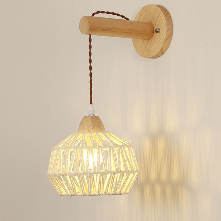 Traditional Japanese Rattan Solid Wood Hollow Round 1-Light Wall Sconce Lamp For Bedroom & Living Room