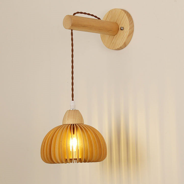 Traditional Japanese Rattan Solid Wood Hollow Round 1-Light Wall Sconce Lamp For Bedroom & Living Room