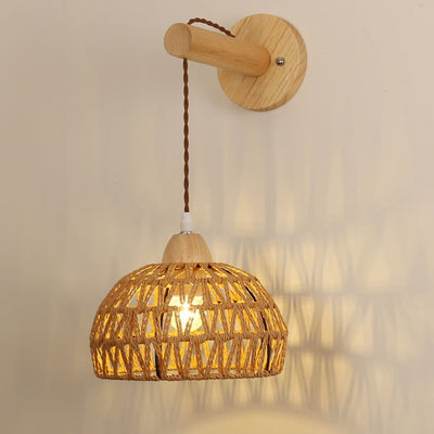 Traditional Japanese Rattan Solid Wood Hollow Round 1-Light Wall Sconce Lamp For Bedroom & Living Room