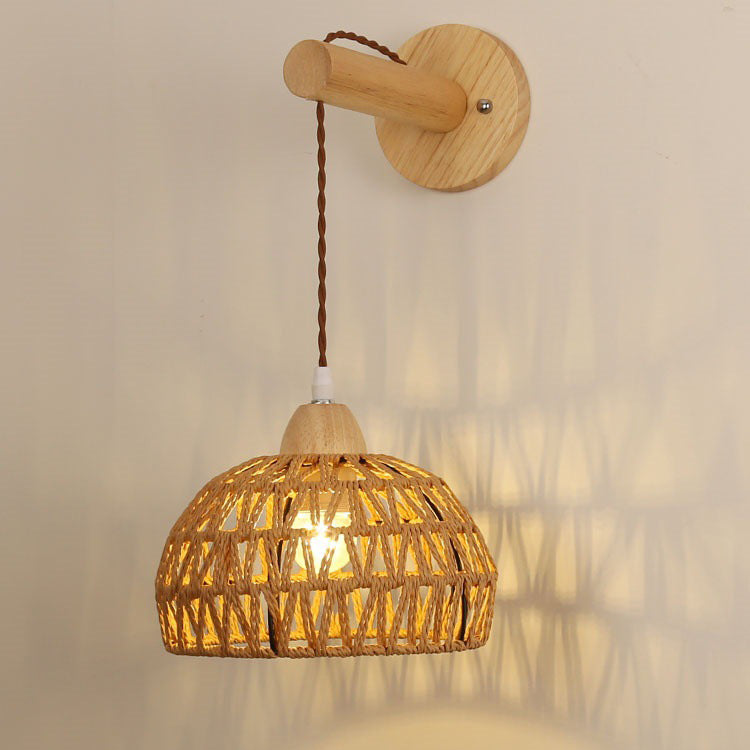 Traditional Japanese Rattan Solid Wood Hollow Round 1-Light Wall Sconce Lamp For Bedroom & Living Room