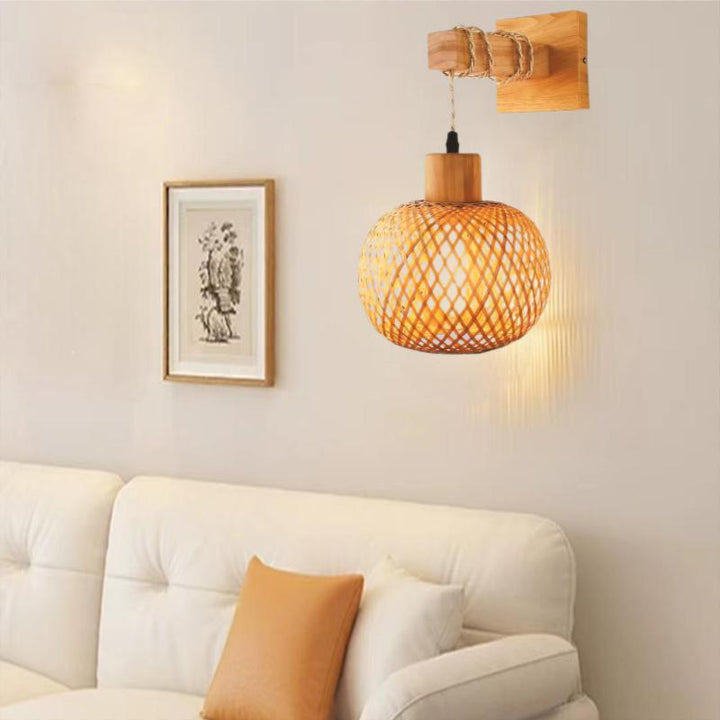 Traditionelle japanische Bambusholz-Hohlrund-Wandleuchte mit 1 Licht für Schlafzimmer und Wohnzimmer 