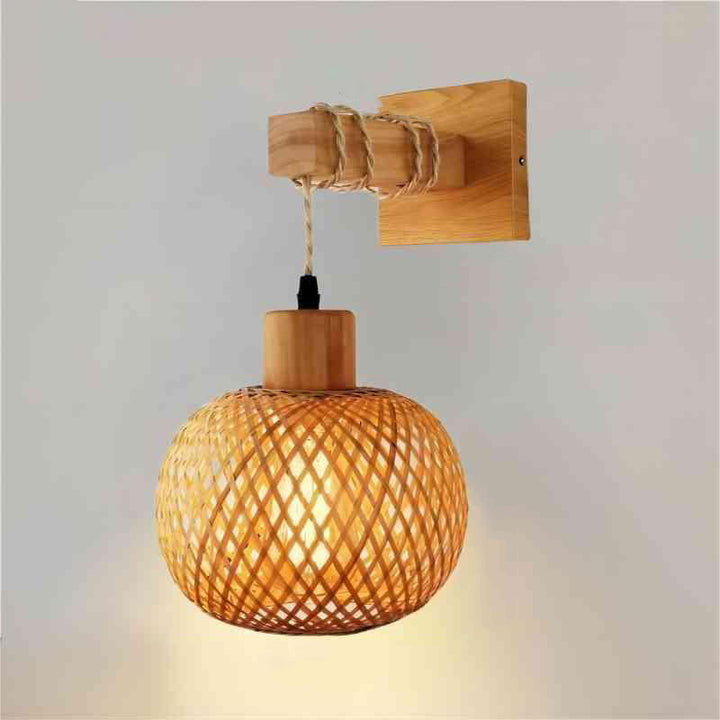 Traditionelle japanische Bambusholz-Hohlrund-Wandleuchte mit 1 Licht für Schlafzimmer und Wohnzimmer 