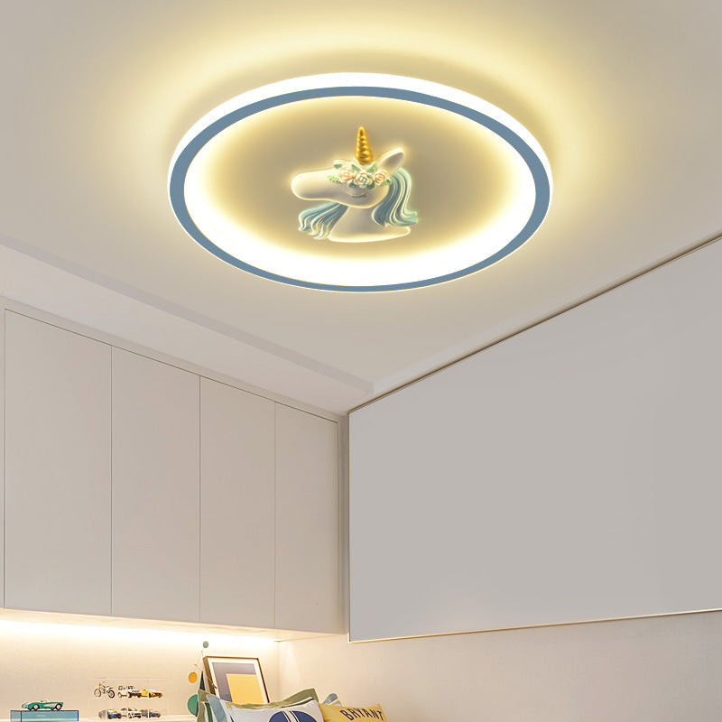 Moderne Art Deco Kinder Acryl Eisen Einhorn Runde LED Deckenleuchte für Schlafzimmer & Wohnzimmer 