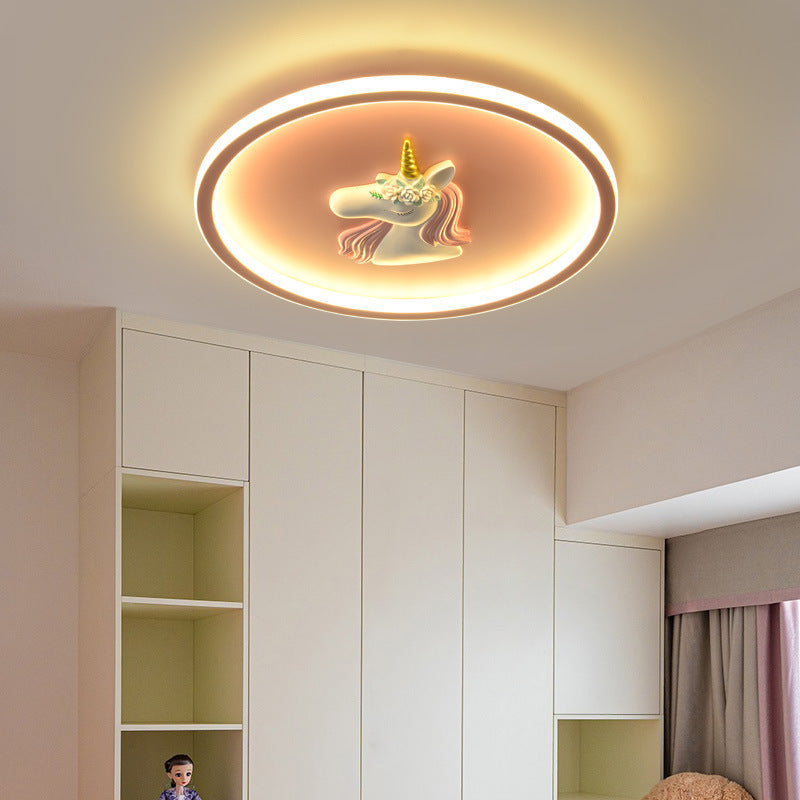Moderne Art Deco Kinder Acryl Eisen Einhorn Runde LED Deckenleuchte für Schlafzimmer & Wohnzimmer 