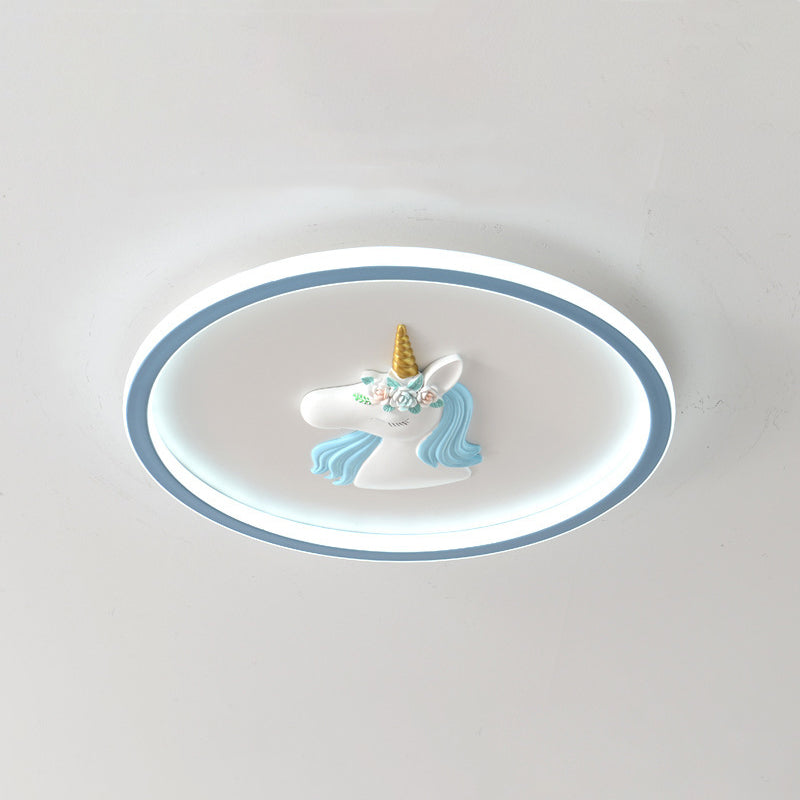 モダンアールデコキッズアクリルアイアンユニコーンラウンドLEDフラッシュマウントシーリングライト寝室とリビングルーム用 