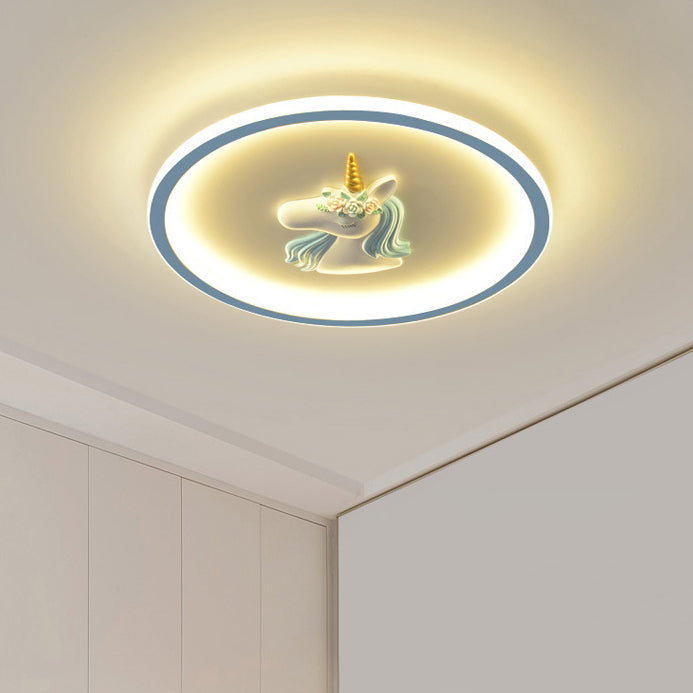 Moderne Art Deco Kinder Acryl Eisen Einhorn Runde LED Deckenleuchte für Schlafzimmer & Wohnzimmer 