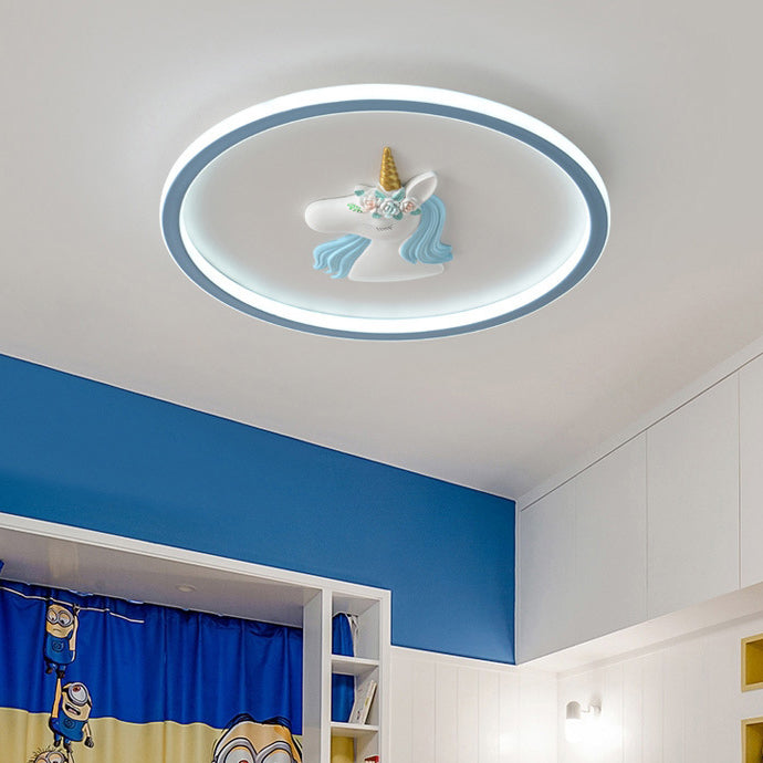 モダンアールデコキッズアクリルアイアンユニコーンラウンドLEDフラッシュマウントシーリングライト寝室とリビングルーム用 