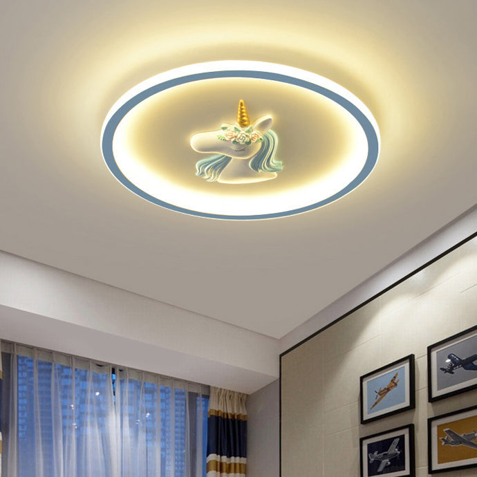 Moderne Art Deco Kinder Acryl Eisen Einhorn Runde LED Deckenleuchte für Schlafzimmer & Wohnzimmer 