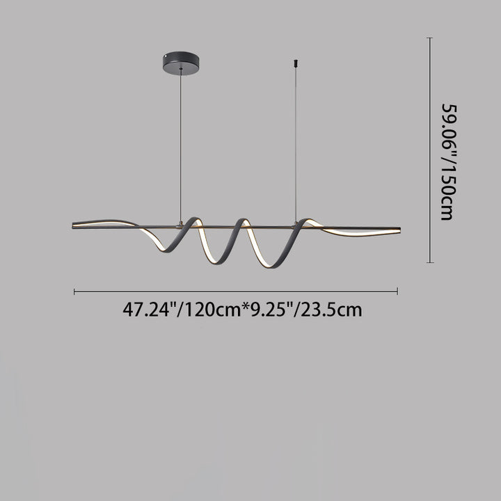 Zeitgenössischer kreativer Aluminium-PVC-gebogener linearer LED-Kronleuchter-Insel-Licht für das Esszimmer 