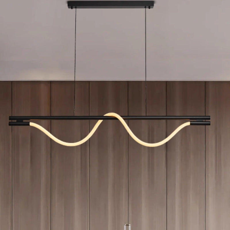 Lustre contemporain créatif en silicone tressé en cuivre courbé linéaire LED pour salle à manger 