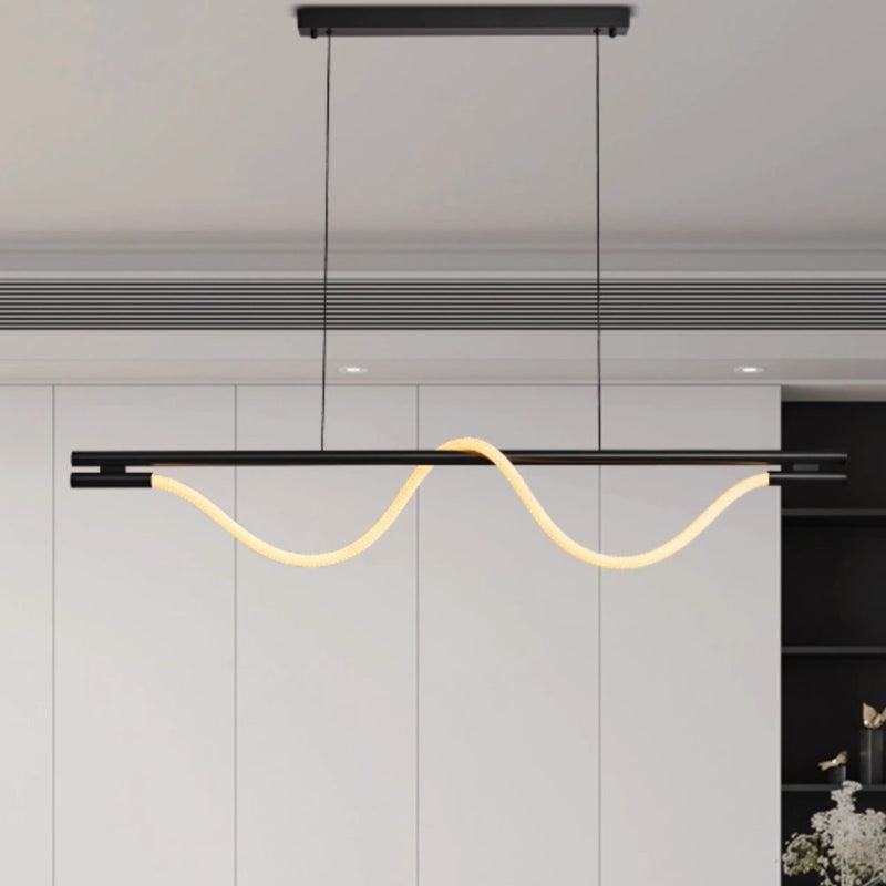 Lustre contemporain créatif en silicone tressé en cuivre courbé linéaire LED pour salle à manger 