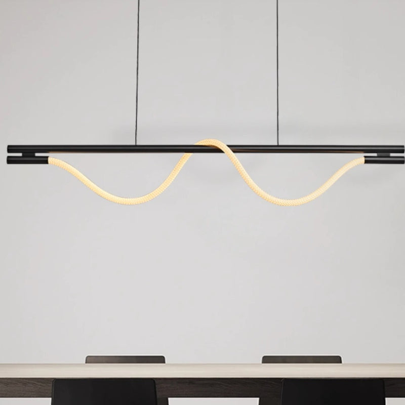 Lustre contemporain créatif en silicone tressé en cuivre courbé linéaire LED pour salle à manger 