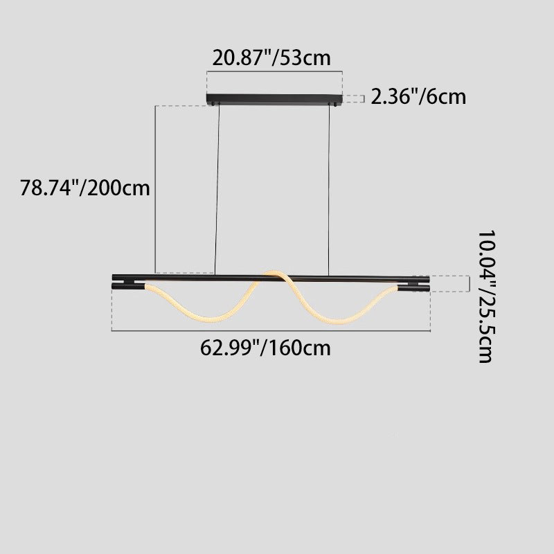 Lustre contemporain créatif en silicone tressé en cuivre courbé linéaire LED pour salle à manger 