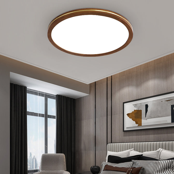 Traditionelle chinesische Gummibaumholz Acryl Kupfer Runde LED Deckenleuchte für Wohnzimmer 