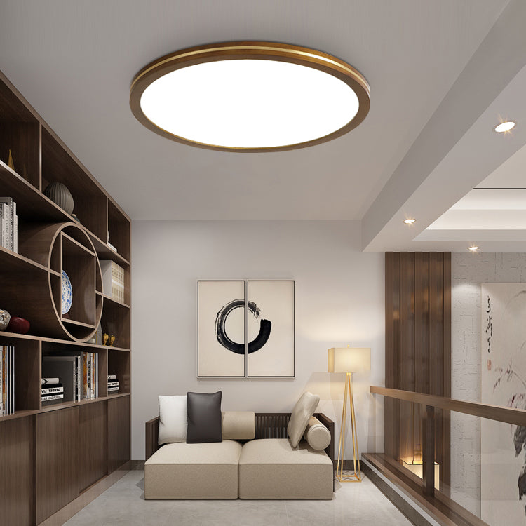 Traditionelle chinesische Gummibaumholz Acryl Kupfer Runde LED Deckenleuchte für Wohnzimmer 
