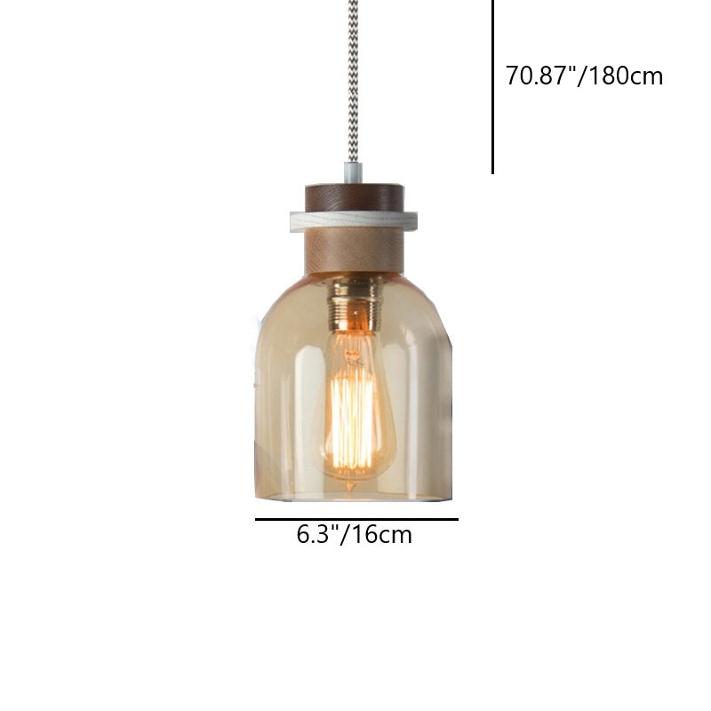 Contemporain Verre Bois Métal Cylindre Rond 1-Lumière Suspension Pour Chambre 