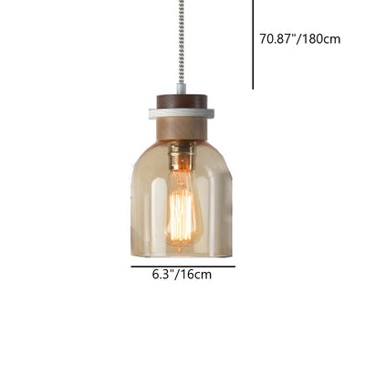 Contemporary Scandinavian Glass Wood Metal Round Cylinder 1-Light Pendant Light For Bedroom