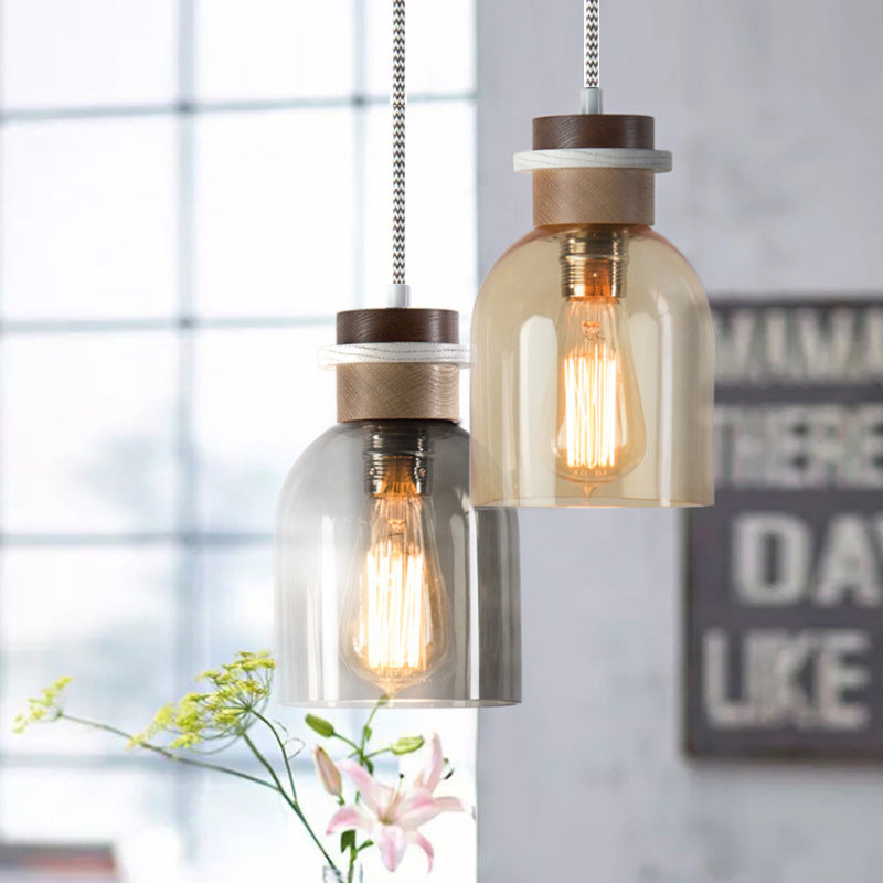Contemporary Scandinavian Glass Wood Metal Round Cylinder 1-Light Pendant Light For Bedroom