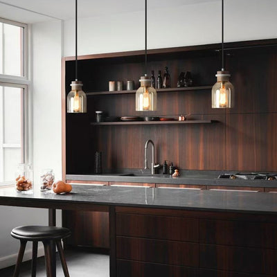 Contemporary Scandinavian Glass Wood Metal Round Cylinder 1-Light Pendant Light For Bedroom