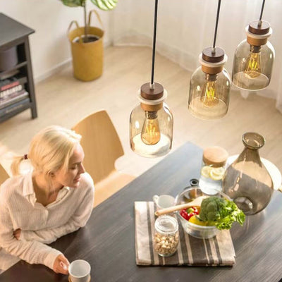 Contemporary Scandinavian Glass Wood Metal Round Cylinder 1-Light Pendant Light For Bedroom