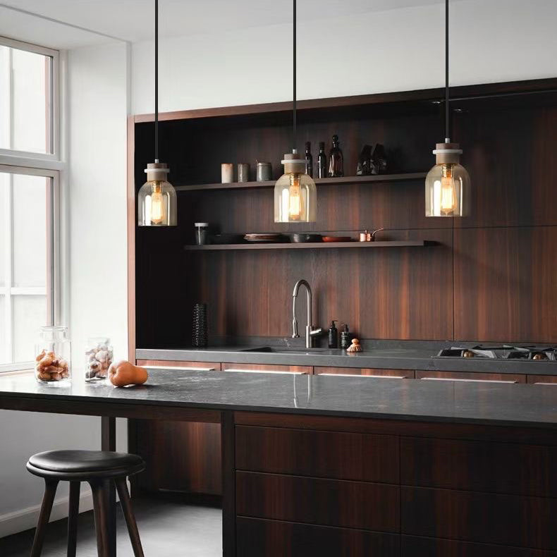 Contemporain Verre Bois Métal Cylindre Rond 1-Lumière Suspension Pour Chambre 