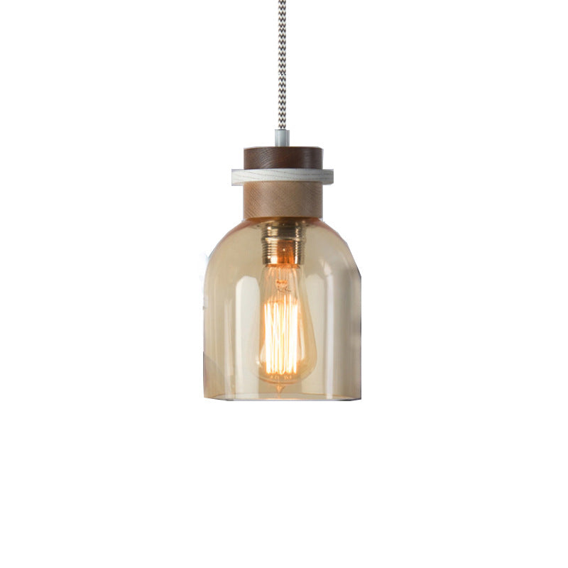 Contemporain Verre Bois Métal Cylindre Rond 1-Lumière Suspension Pour Chambre 