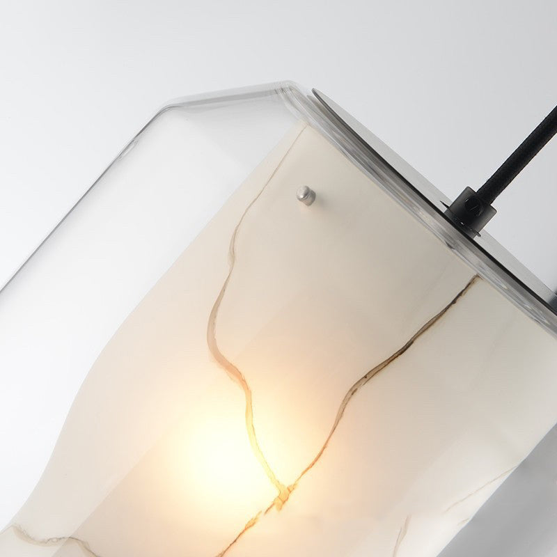 Lustre Contemporain en Verre Scandinave Faux Albâtre Fer Cylindre Rond 1/3 Lumière pour Chambre et Salon 