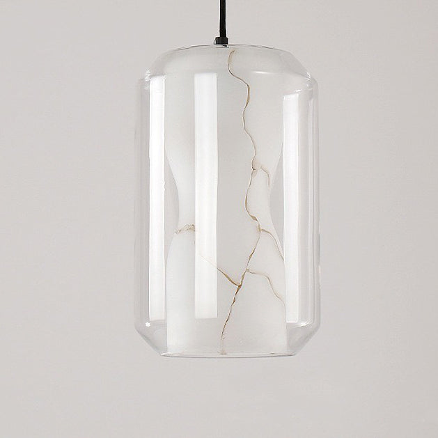 Lustre Contemporain en Verre Scandinave Faux Albâtre Fer Cylindre Rond 1/3 Lumière pour Chambre et Salon 