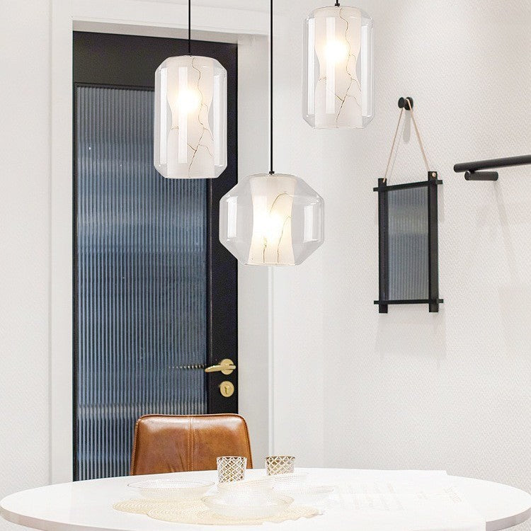 Lustre Contemporain en Verre Scandinave Faux Albâtre Fer Cylindre Rond 1/3 Lumière pour Chambre et Salon 