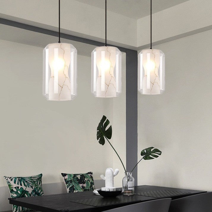 Lustre Contemporain en Verre Scandinave Faux Albâtre Fer Cylindre Rond 1/3 Lumière pour Chambre et Salon 