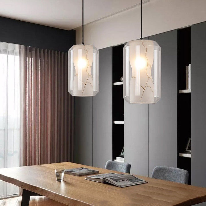Zeitgenössischer skandinavischer Glas-Faux-Alabaster-Eisen-Rundzylinder 1/3-Licht-Kronleuchter für Schlafzimmer & Wohnzimmer 