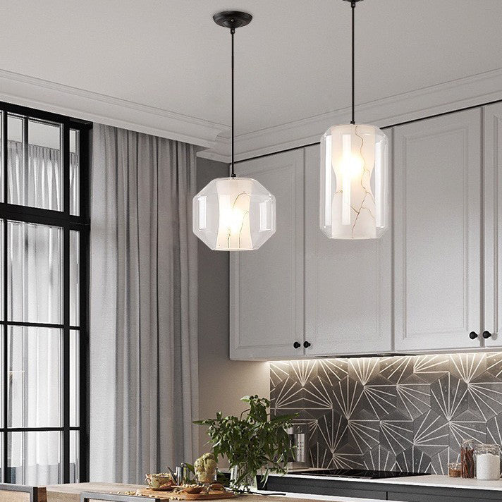 Lustre Contemporain en Verre Scandinave Faux Albâtre Fer Cylindre Rond 1/3 Lumière pour Chambre et Salon 