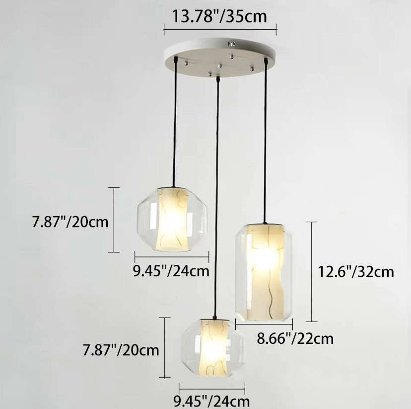 Lustre Contemporain en Verre Scandinave Faux Albâtre Fer Cylindre Rond 1/3 Lumière pour Chambre et Salon 