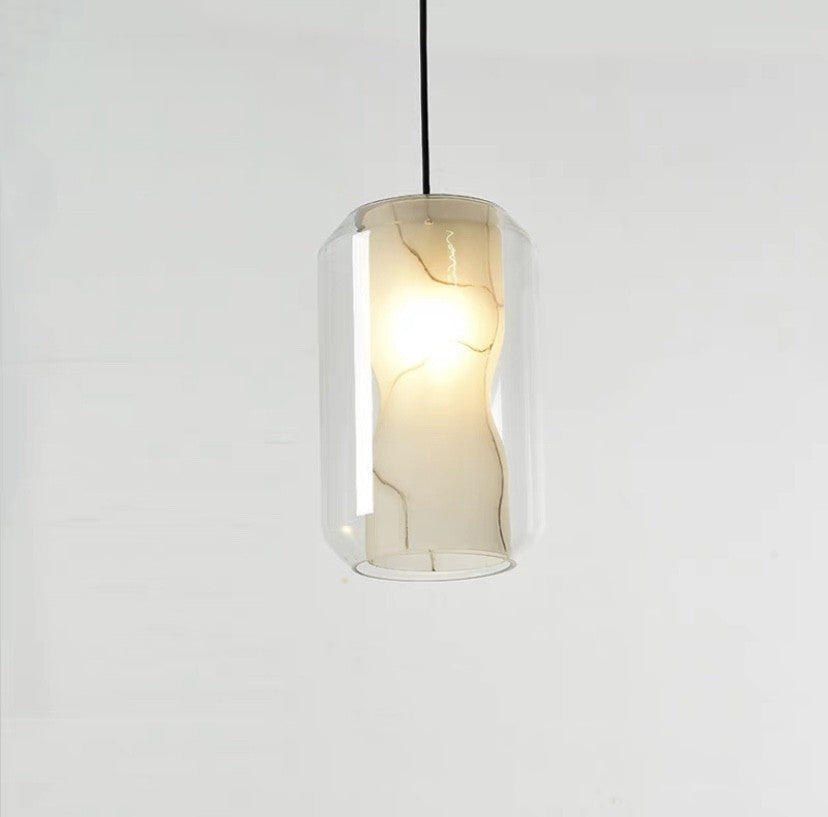 Lustre Contemporain en Verre Scandinave Faux Albâtre Fer Cylindre Rond 1/3 Lumière pour Chambre et Salon 