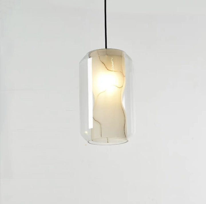 Lustre Contemporain en Verre Scandinave Faux Albâtre Fer Cylindre Rond 1/3 Lumière pour Chambre et Salon 