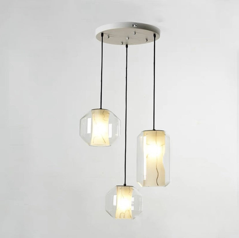 Lustre Contemporain en Verre Scandinave Faux Albâtre Fer Cylindre Rond 1/3 Lumière pour Chambre et Salon 