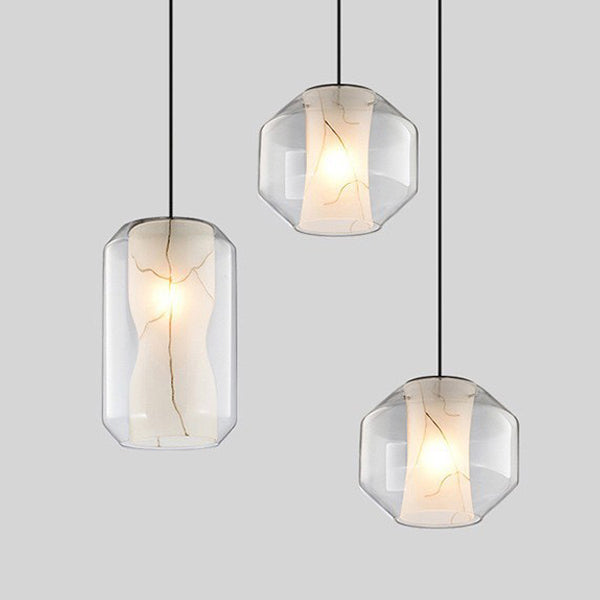 Lustre Contemporain en Verre Scandinave Faux Albâtre Fer Cylindre Rond 1/3 Lumière pour Chambre et Salon 