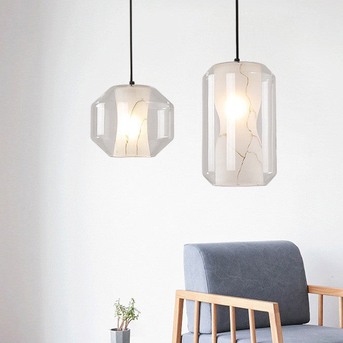 Lustre Contemporain en Verre Scandinave Faux Albâtre Fer Cylindre Rond 1/3 Lumière pour Chambre et Salon 