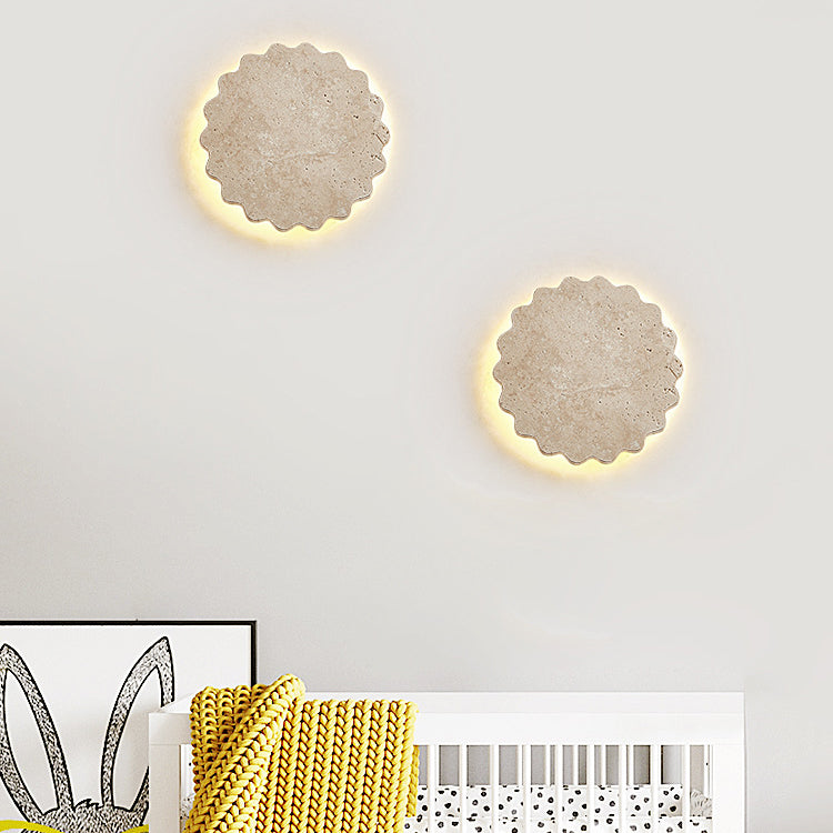 Traditional Japanese Beige Travertine Wavy Floral LED Wall Sconce Lamp For Bedroom
