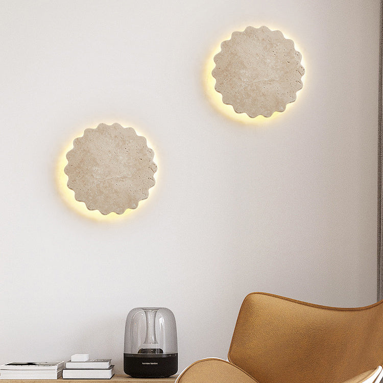 Traditional Japanese Beige Travertine Wavy Floral LED Wall Sconce Lamp For Bedroom