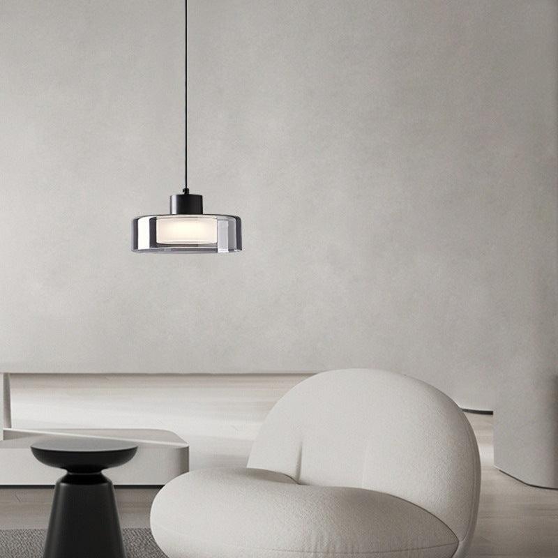 Moderne minimalistische Pendelleuchte aus Messing, Acryl und Glas in runder Zylinderform mit LED für Schlafzimmer und Wohnzimmer 
