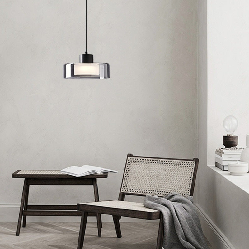 Moderne minimalistische Pendelleuchte aus Messing, Acryl und Glas in runder Zylinderform mit LED für Schlafzimmer und Wohnzimmer 