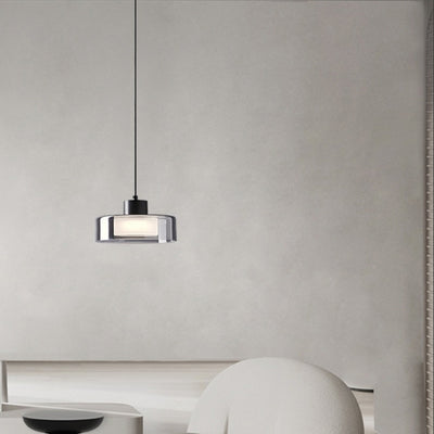 Moderne minimalistische Pendelleuchte aus Messing, Acryl und Glas in runder Zylinderform mit LED für Schlafzimmer und Wohnzimmer 