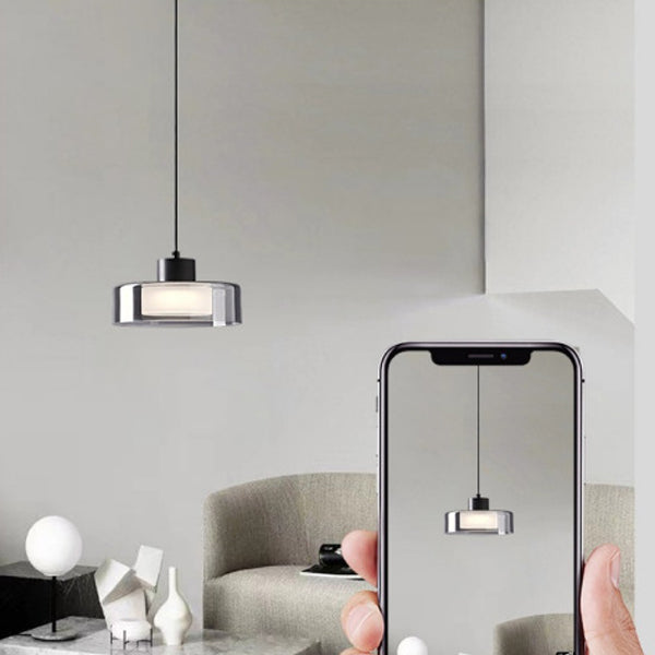 Moderne minimalistische Pendelleuchte aus Messing, Acryl und Glas in runder Zylinderform mit LED für Schlafzimmer und Wohnzimmer 