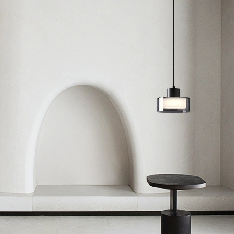 Moderne minimalistische Pendelleuchte aus Messing, Acryl und Glas in runder Zylinderform mit LED für Schlafzimmer und Wohnzimmer 