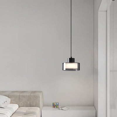 Moderne minimalistische Pendelleuchte aus Messing, Acryl und Glas in runder Zylinderform mit LED für Schlafzimmer und Wohnzimmer 